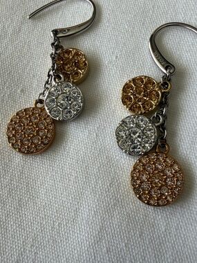 Fossil Three-Tone Gold Rose Gold and Silver Crystal Disc Drop Earrings